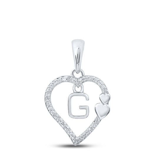 0.1 Ctw Natural Diamond Heart Dangle Initial Letter G Pendant in 10k White Gold