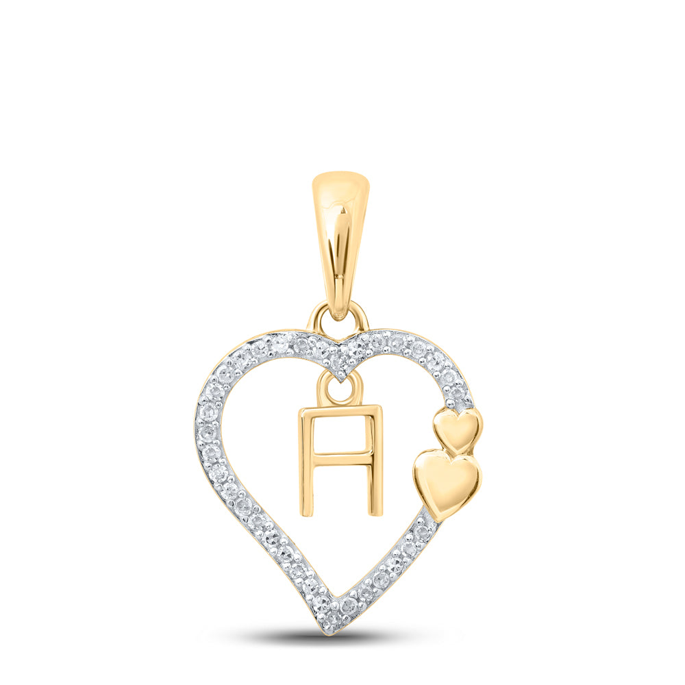 0.1 Ctw Natural Diamond Heart Dangle Initial Letter A Pendant in 10k Yellow Gold