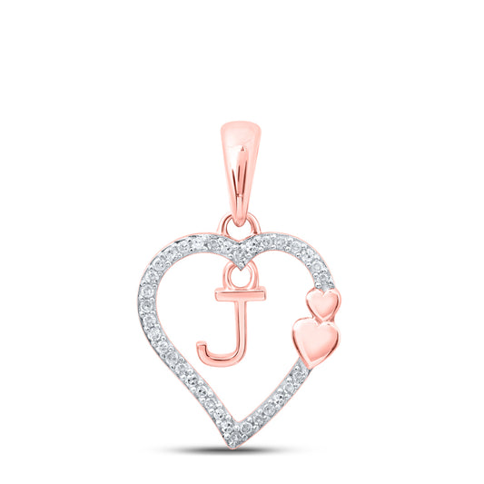 0.1 Ctw Natural Diamond Heart Dangle Initial Letter J Pendant in 10k Rose Gold
