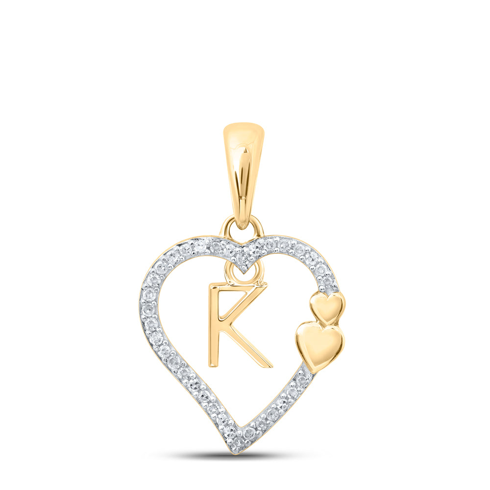 0.1 Ctw Natural Diamond Heart Dangle Initial Letter K Pendant in 10k Yellow Gold