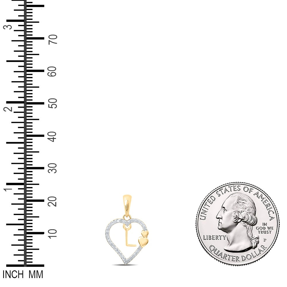 0.1 Ctw Natural Diamond Heart Dangle Initial Letter L Pendant in 10k Yellow Gold