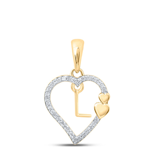 0.1 Ctw Natural Diamond Heart Dangle Initial Letter L Pendant in 10k Yellow Gold