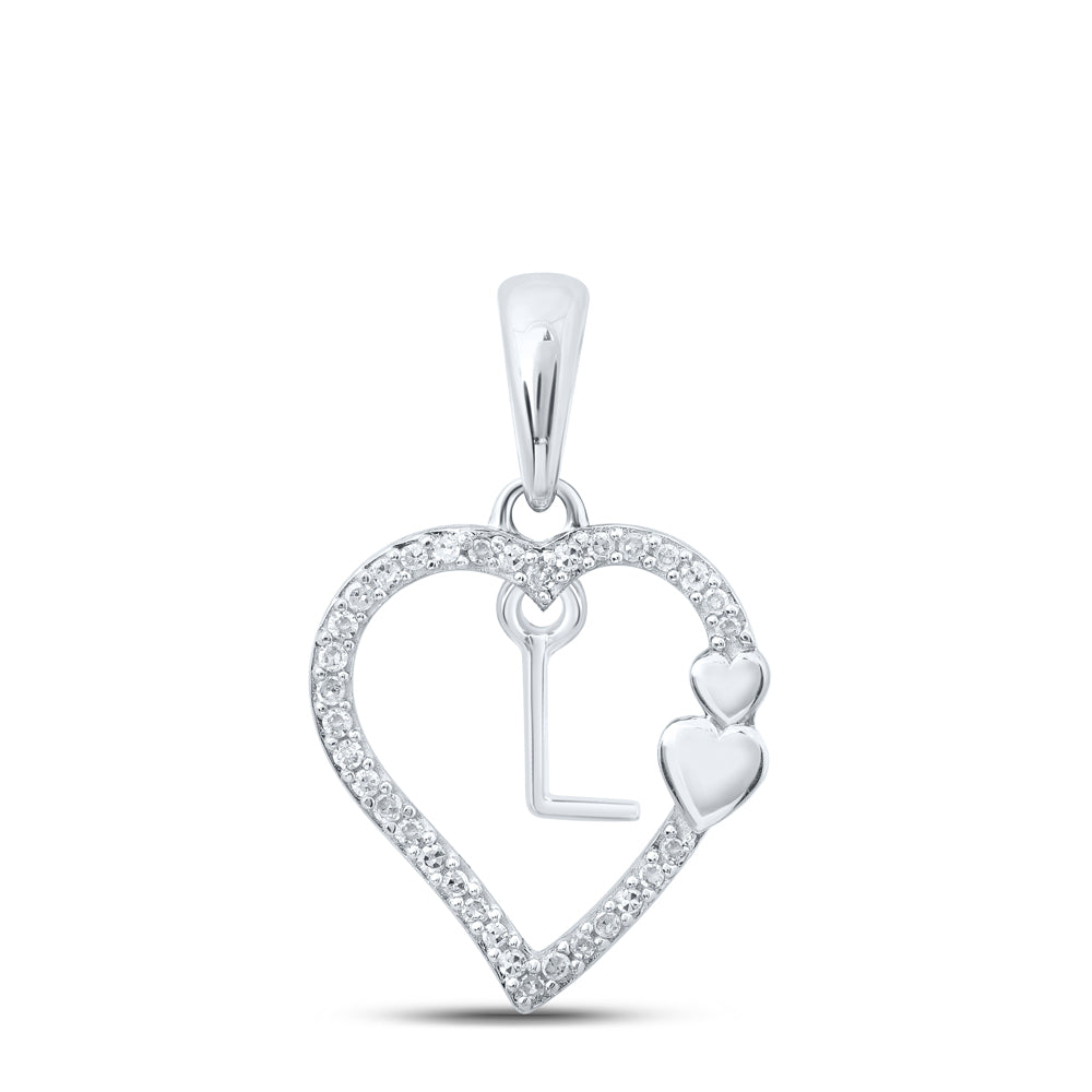 0.1 Ctw Natural Diamond Heart Dangle Initial Letter L Pendant in 10k White Gold