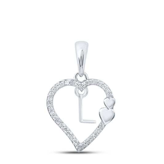 0.1 Ctw Natural Diamond Heart Dangle Initial Letter L Pendant in 10k White Gold