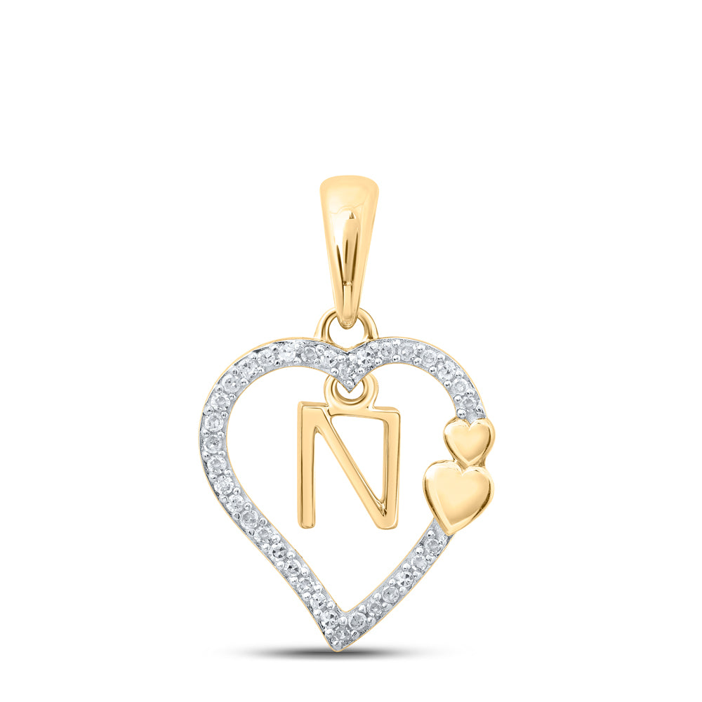 0.1 Ctw Natural Diamond Heart Dangle Initial Letter N Pendant in 10k Yellow Gold