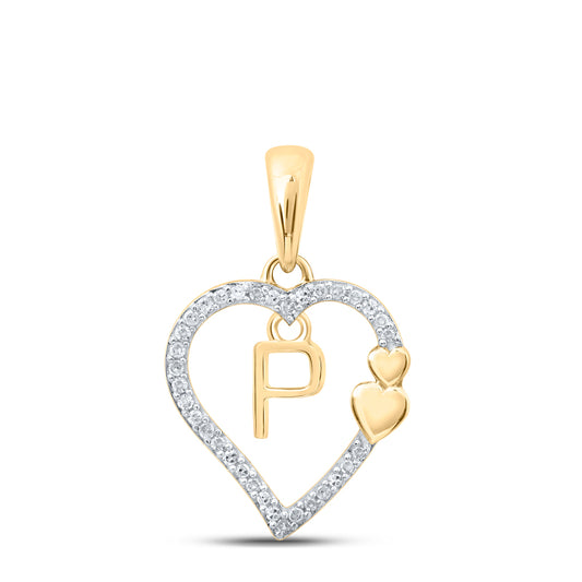 0.1 Ctw Natural Diamond Heart Dangle Initial Letter P Pendant in 10k Yellow Gold