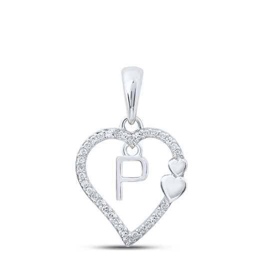 0.1 Ctw Natural Diamond Heart Dangle Initial Letter P Pendant in 10k White Gold