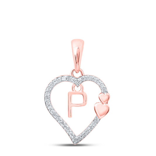 0.1 Ctw Natural Diamond Heart Dangle Initial Letter P Pendant in 10k Rose Gold