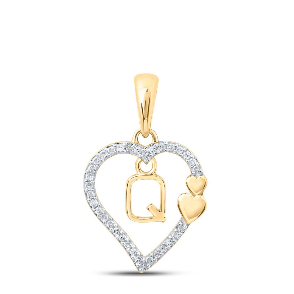 0.1 Ctw Natural Diamond Heart Dangle Initial Letter Q Pendant in 10k Yellow Gold