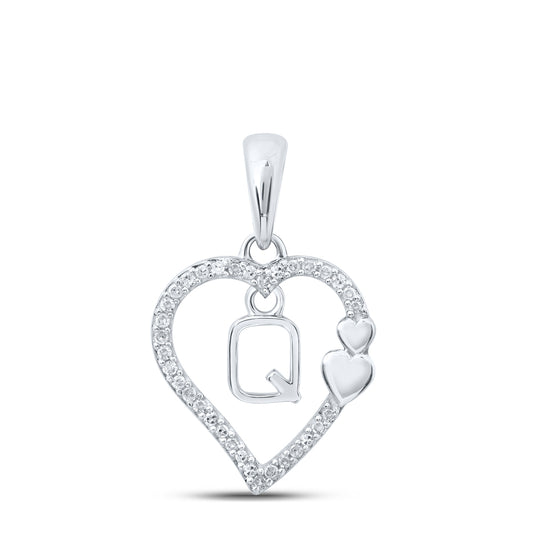 0.1 Ctw Natural Diamond Heart Dangle Initial Letter Q Pendant in 10k White Gold