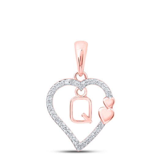 0.1 Ctw Natural Diamond Heart Dangle Initial Letter Q Pendant in 10k Rose Gold