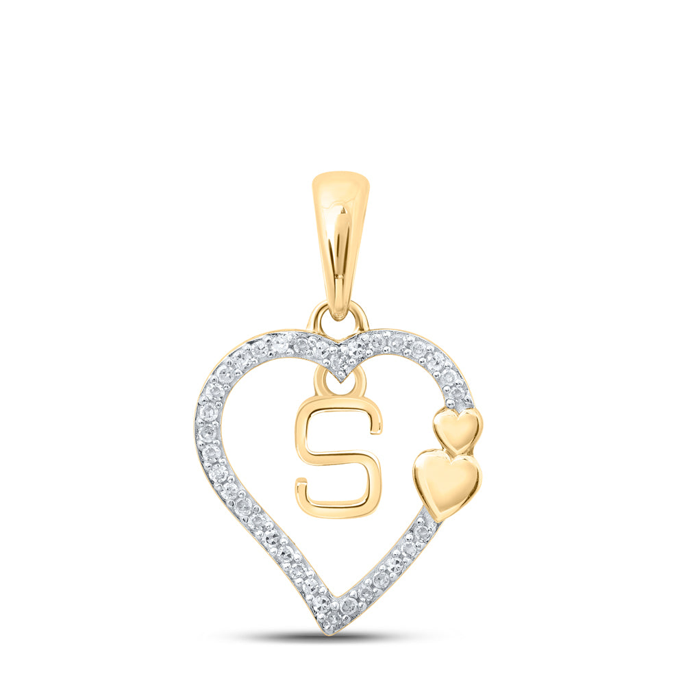 0.1 Ctw Natural Diamond Heart Dangle Initial Letter S Pendant in 10k Yellow Gold