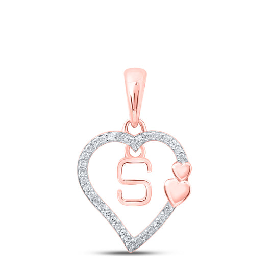 0.1 Ctw Natural Diamond Heart Dangle Initial Letter S Pendant in 10k Rose Gold