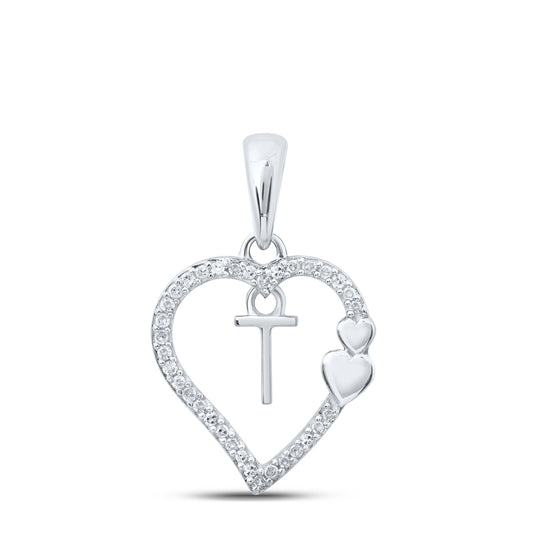 0.1 Ctw Natural Diamond Heart Dangle Initial Letter T Pendant in 10k White Gold