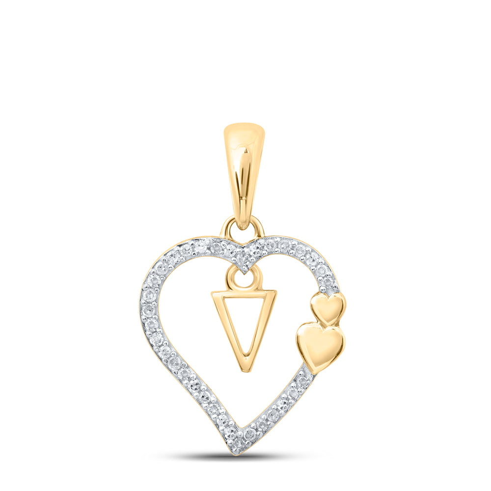0.1 Ctw Natural Diamond Heart Dangle Initial Letter V Pendant in 10k Yellow Gold
