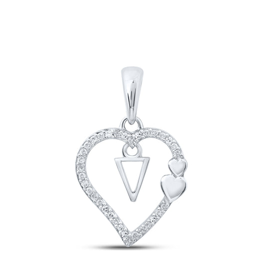 0.1 Ctw Natural Diamond Heart Dangle Initial Letter V Pendant in 10k White Gold