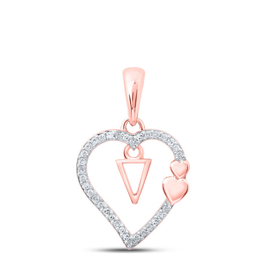 0.1 Ctw Natural Diamond Heart Dangle Initial Letter V Pendant in 10k Rose Gold