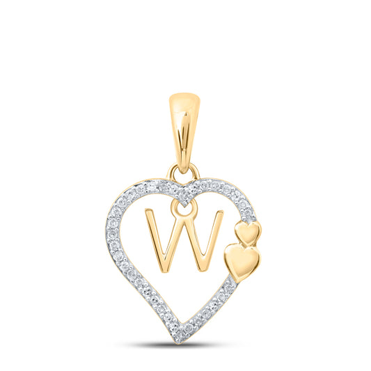 0.1 Ctw Natural Diamond Heart Dangle Initial Letter W Pendant in 10k Yellow Gold