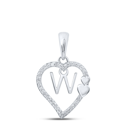 0.1 Ctw Natural Diamond Heart Dangle Initial Letter W Pendant in 10k White Gold