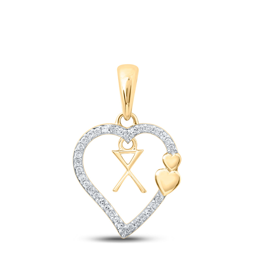 0.1 Ctw Natural Diamond Heart Dangle Initial Letter X Pendant in 10k Yellow Gold