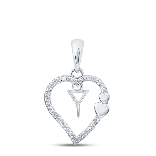 0.1 Ctw Natural Diamond Heart Dangle Initial Letter Y Pendant in 10k White Gold