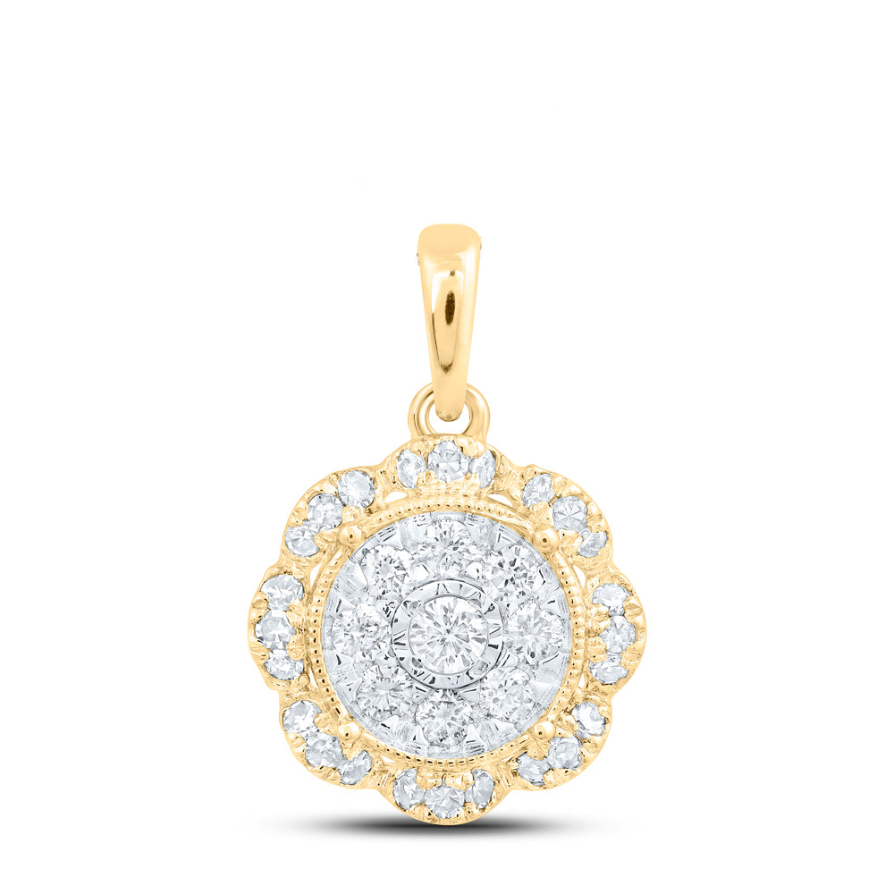 0.32 Ctw Natural Diamond Flower Round Shaped Pendant in 10k Yellow Gold