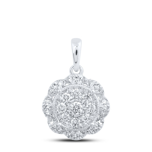 0.32 Ctw Natural Diamond Flower Round Shaped Pendant in 10k White Gold