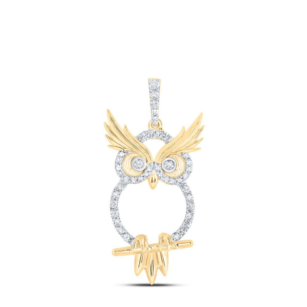 0.35 Ctw Natural Diamond Open Owl Animal Pendant in 10k Yellow Gold