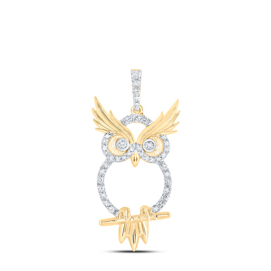 0.35 Ctw Natural Diamond Open Owl Animal Pendant in 10k Yellow Gold