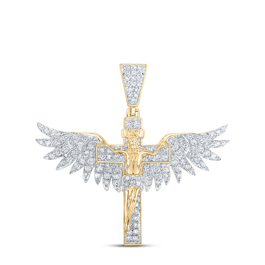 1.09 Ctw Natural Diamond Cross Crucifix Jesus Wings Pendant in 10k Yellow Gold