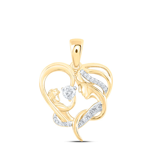 0.15 Ctw Natural Diamond Mother Child Open Heart Pendant in 10k Yellow Gold