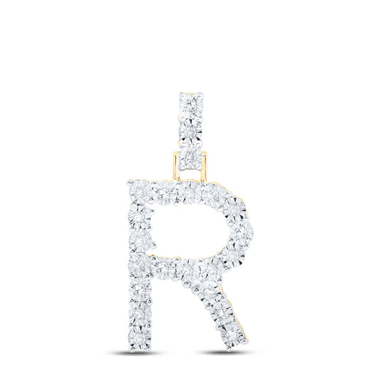 0.1 Ctw Natural Diamond Tennis Initial Letter R Pendant in 10k Yellow Gold