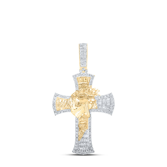 1.05 Ctw Natural Diamond Jesus Face Cross Pendant in 10k Yellow Gold