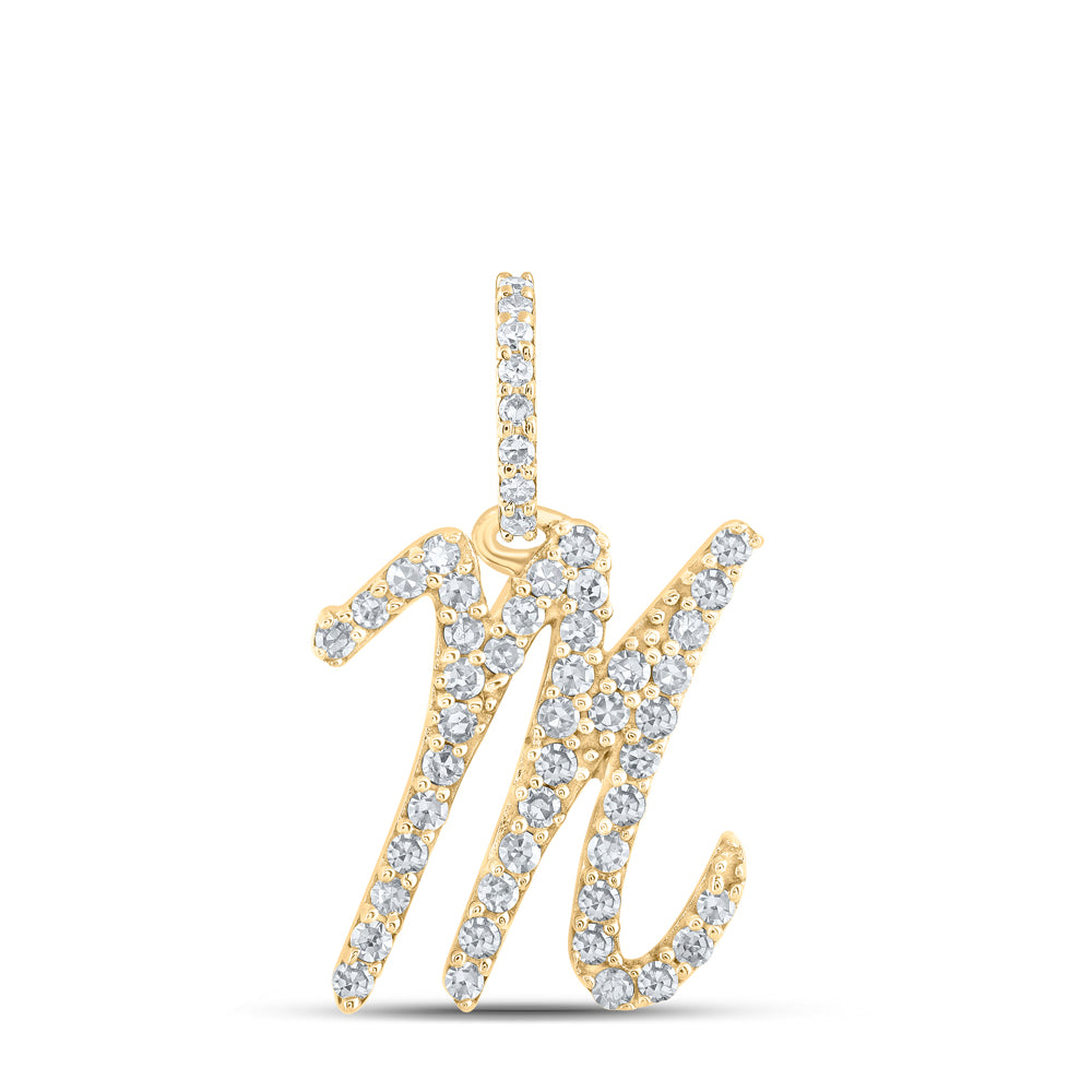 0.21 Ctw Natural Diamond Itallic Intial Letter M Pendant in 10k Yellow Gold
