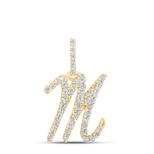 0.21 Ctw Natural Diamond Itallic Intial Letter M Pendant in 10k Yellow Gold