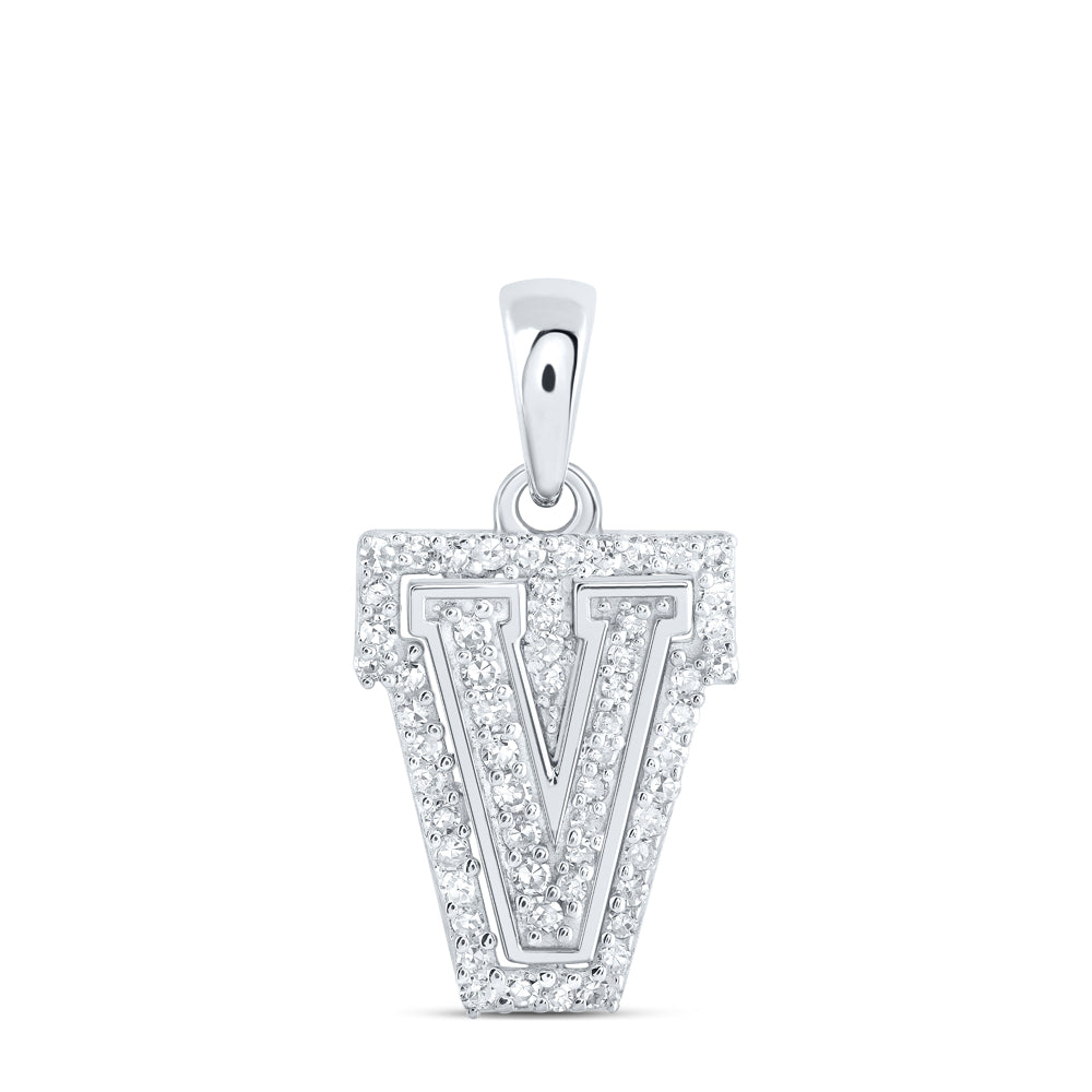 0.17 Ctw Natural Diamond Hiphop Block Initial Letter V Pendant in 10k White Gold