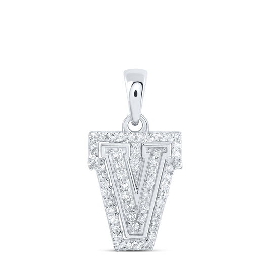 0.17 Ctw Natural Diamond Hiphop Block Initial Letter V Pendant in 10k White Gold