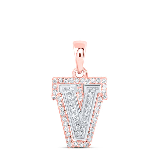 0.17 Ctw Natural Diamond Hiphop Block Initial Letter V Pendant in 10k Two-tone Gold