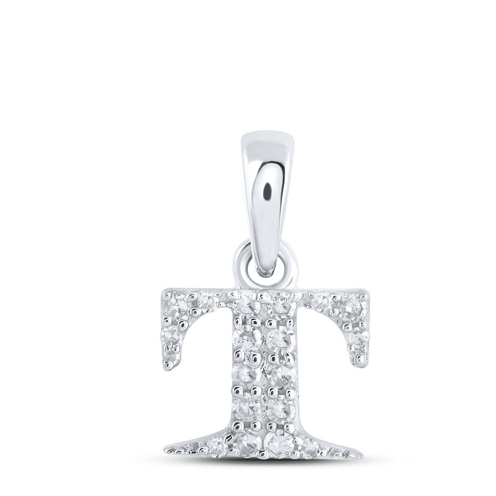 0.07 Ctw Natural Diamond Tiny Block Initial Letter T Pendant in 10k White Gold