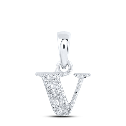 0.05 Ctw Natural Diamond Tiny Block Initial Letter V Pendant in 10k White Gold