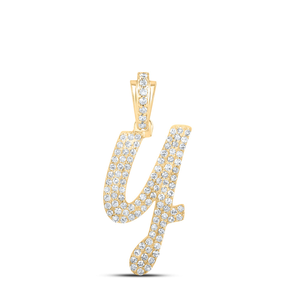 0.48 Ctw Natural Diamond Cursive Initial Letter Y Pendant in 10k Yellow Gold