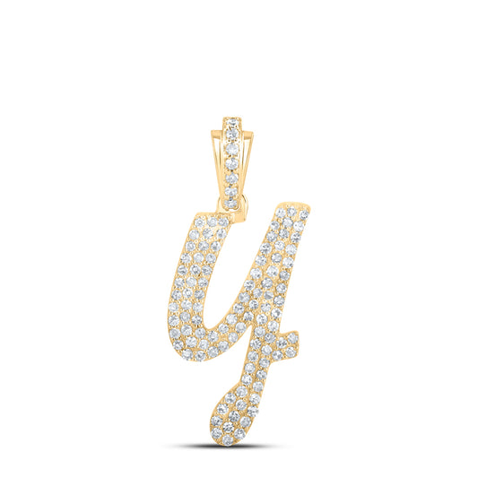 0.48 Ctw Natural Diamond Cursive Initial Letter Y Pendant in 10k Yellow Gold