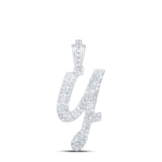0.48 Ctw Natural Diamond Cursive Initial Letter Y Pendant in 10k White Gold