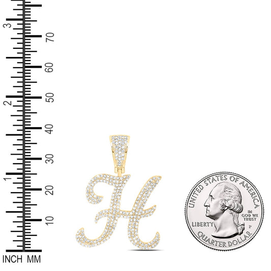 1.2 Ctw Natural Diamond Script Initial Letter Alphabet H Pendant in 10k Yellow Gold