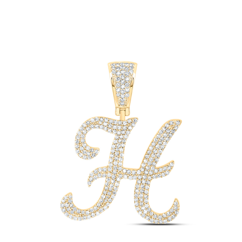 1.2 Ctw Natural Diamond Script Initial Letter Alphabet H Pendant in 10k Yellow Gold