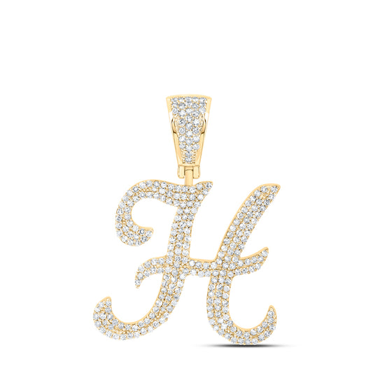 1.2 Ctw Natural Diamond Script Initial Letter Alphabet H Pendant in 10k Yellow Gold