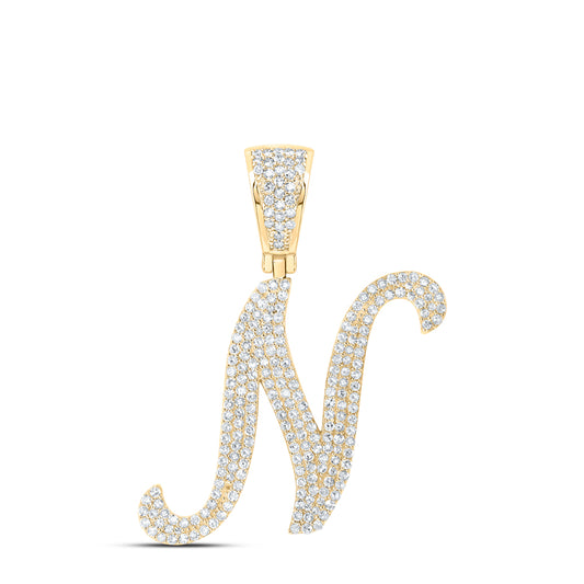 1.04 Ctw Natural Diamond Script Initial Letter Alphabet N Pendant in 10k Yellow Gold