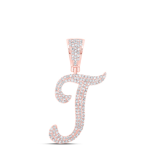 0.76 Ctw Natural Diamond Script Initial Letter Alphabet T Pendant in 10k Rose Gold