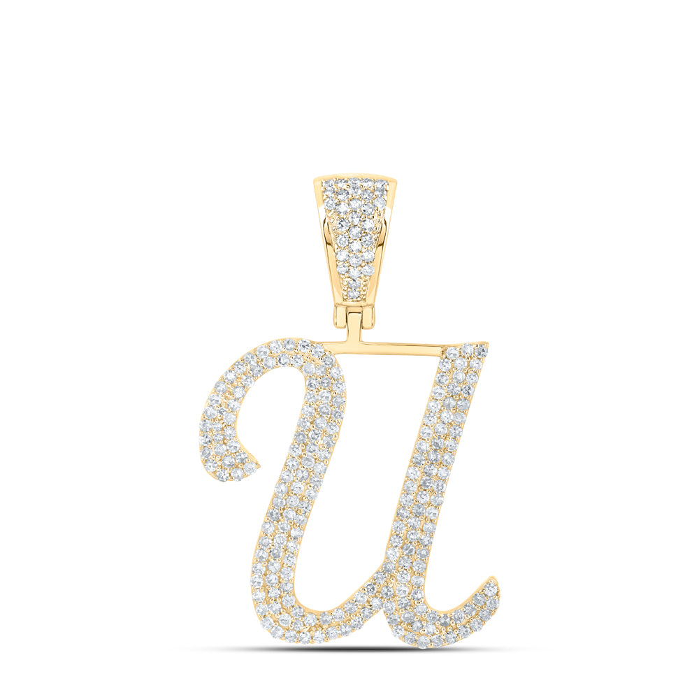 1.03 Ctw Natural Diamond Script Initial Letter Alphabet U Pendant in 10k Yellow Gold