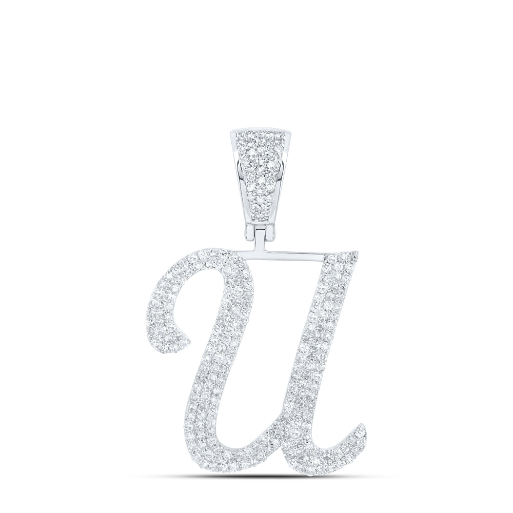1.03 Ctw Natural Diamond Script Initial Letter Alphabet U Pendant in 10k White Gold
